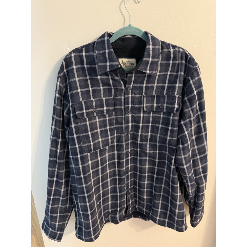 Boston Traders Mens XL Navy Plaid Flannel Shirt Jacket Fleece Lined Shacket